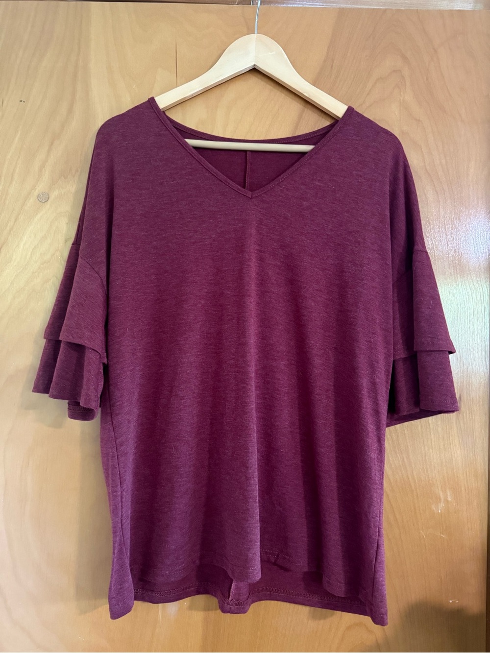 Women's V-Neck Ruffle Sleeve Tee - Burgundy
